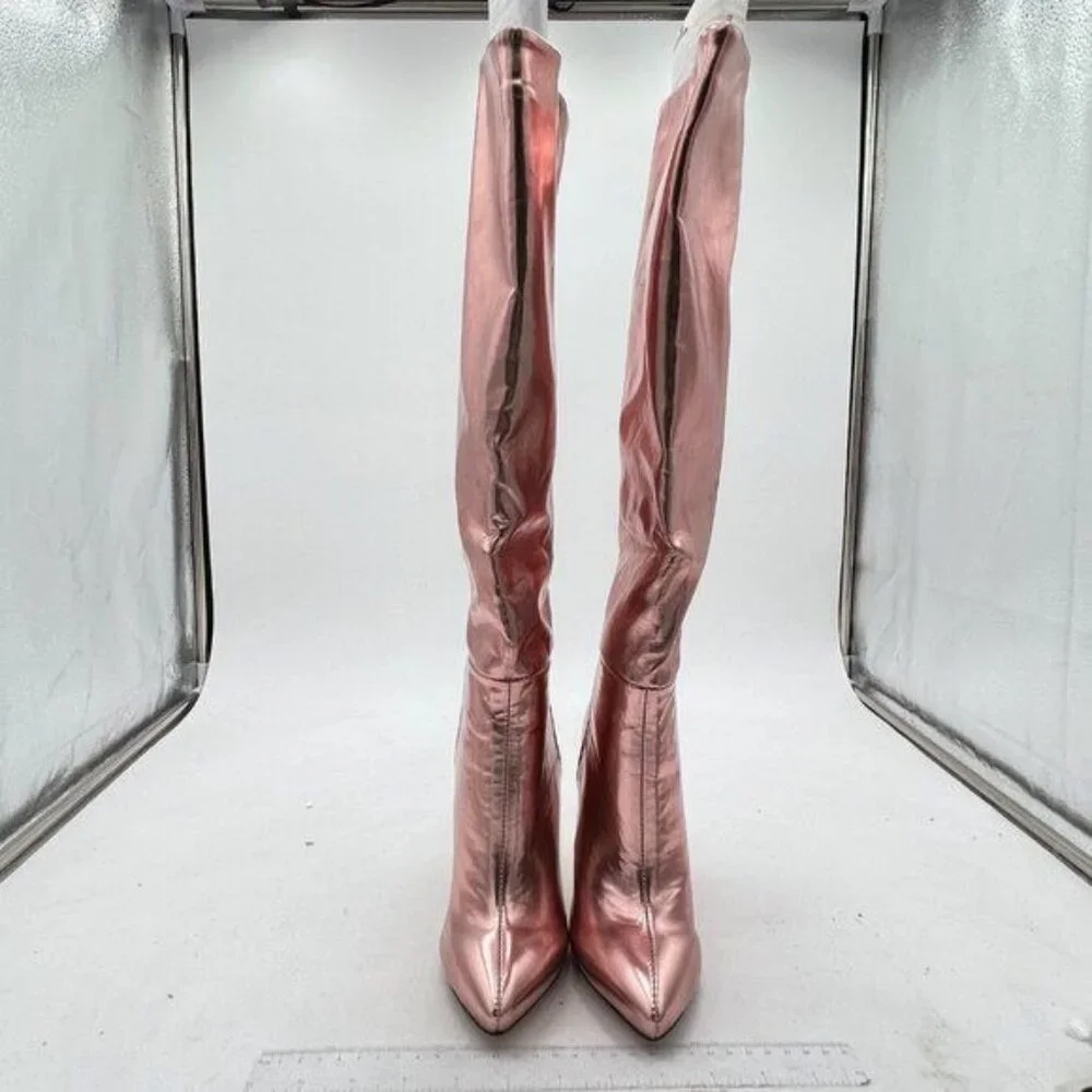 Metallic-pink Knee High Boots Women High Heel Metallic Stiletto Pointed Toe
